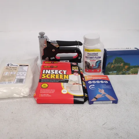 TOTE OF APPROXIMATELY 18 ASSORTED ITEMS TO INCLUDE STAPLE GUN, BINOCULARS, MOTION SICKNESS BANDS, INSECT SCREEN ETC