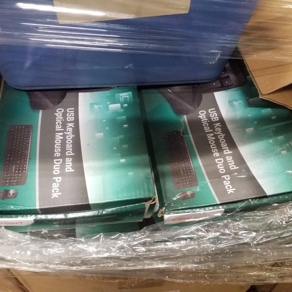 PALLET CONTAINING ASSORTED PRODUCTS INCLUDING USB KEYBOARD AND OPTICAL MOUSE PACKS, 1/2" HOSE MENDERS, CAPS & ETHERNET WALL PLATES