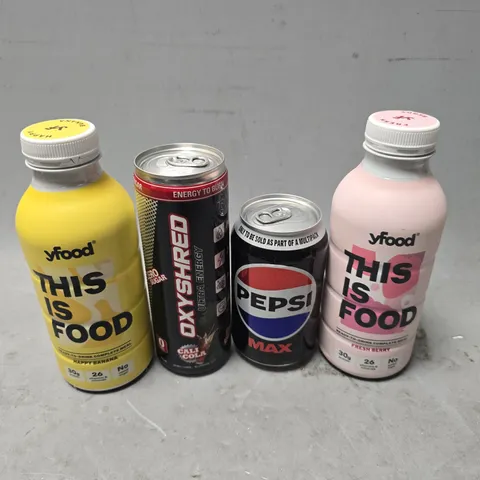 APPROXIMATELY 10 ASSORTED DRINKS ITEMS TO INCLUDE - YFOOD HAPPY BANANA , PEPSI MAX , OXYSHRED CALI COLA ETC