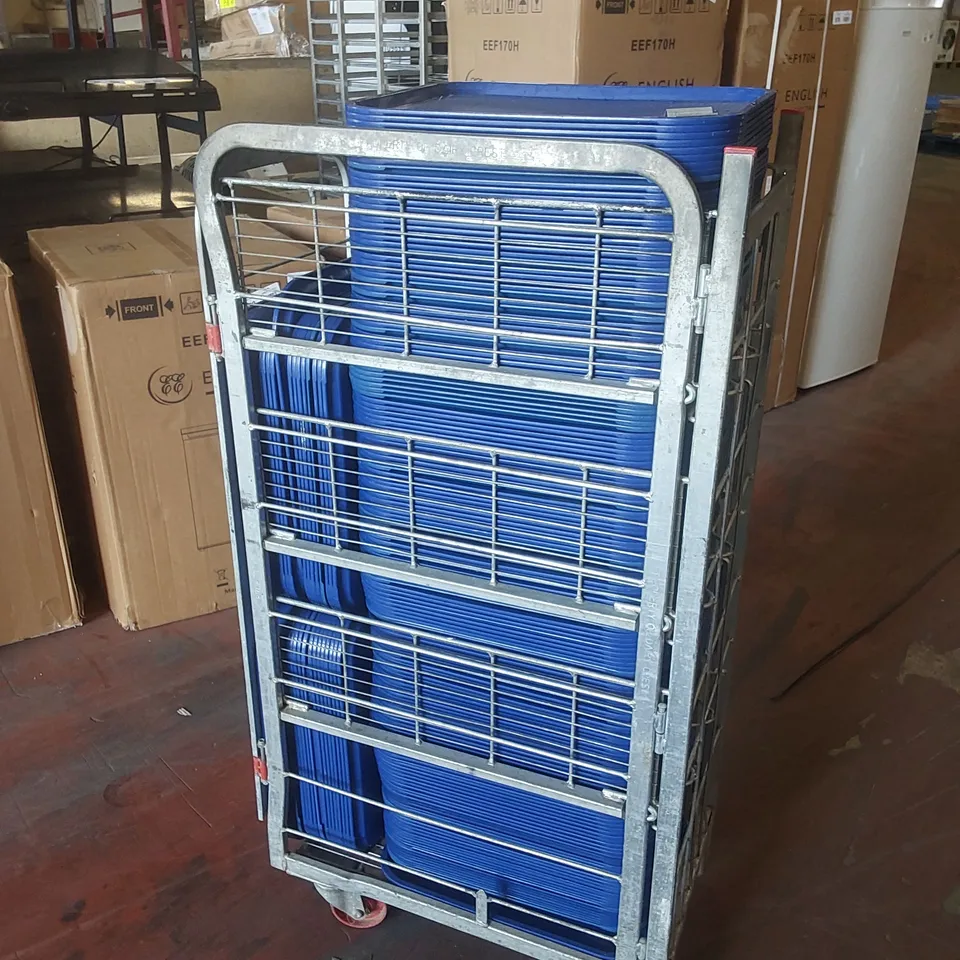 CAGE TO CONTAIN A LARGE QUANTITY OF BLUE PLASTIC SERVING TRAYS 