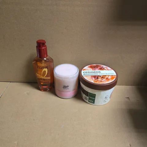 APPROXIMATELY 15 ASSORTED HEALTH & BEAUTY PRODUCTS TO INCLUDE GARNIER CERAMIDE BODY BUTTER, BOOTS CURL CREME, L'OREAL MIRACLE HAIR SERUM ETC - COLLECTION ONLY