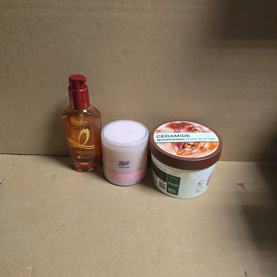 APPROXIMATELY 15 ASSORTED HEALTH & BEAUTY PRODUCTS TO INCLUDE GARNIER CERAMIDE BODY BUTTER, BOOTS CURL CREME, L'OREAL MIRACLE HAIR SERUM ETC - COLLECTION ONLY 