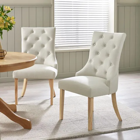 BOXED SET OF 2 BELGRAVIA BEIGE FABRIC DINING CHAIRS WITH OAK EFFECT LEGS (1 BOX)