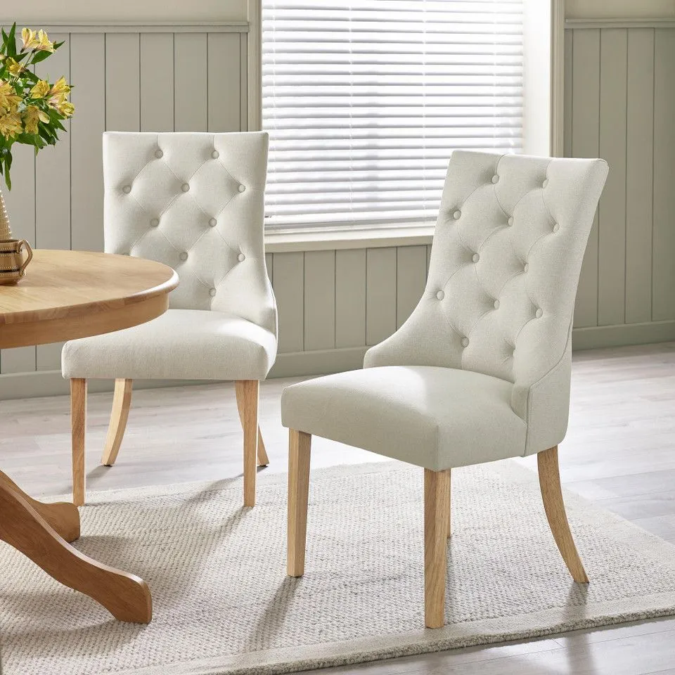 BOXED SET OF 2 BELGRAVIA BEIGE FABRIC DINING CHAIRS WITH OAK EFFECT LEGS (1 BOX)
