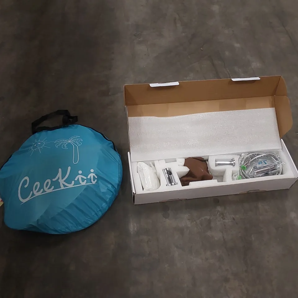 PALLET OF ASSORTED HOUSEHOLD ITEMS AND CONSUMER PRODUCTS TO INCLUDE; CEEKII BABY BEACH TENT, SHOWER MIX, SUITCASE SET, BOXED FURNITURE ETC 