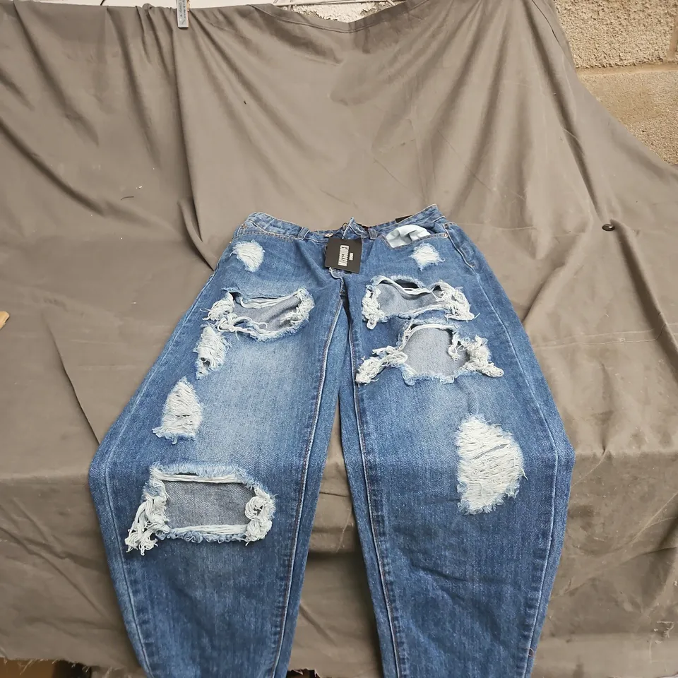 MISSGUIDED RIOT HIGH RISE RIPPED JEANS – BLUE DENIM, UK 8L