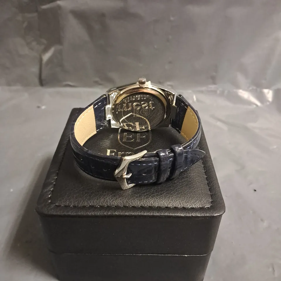 ERNEST FERDINAND STRAINLESS STEEL DATE DIAL WATCH WITH BLUE FACE & BLUE TEXTURED STRAP