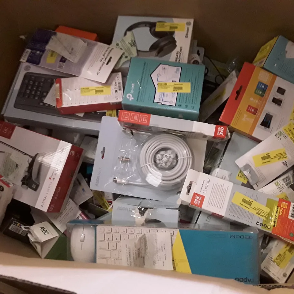 5 BOXES OF ASSORTED ELECTRONIC PRODUCTS INCLUDING KEYBOARD & MOUSE, AERIAL, HEADPHONES, UNIVERSAL REMOTE, DVD PLAYER