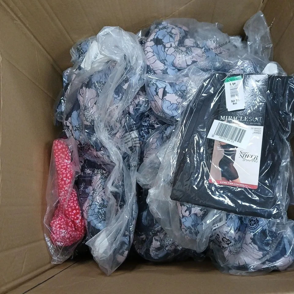 BOX OF APPROXIMATELY 25 ASSORTED CLOTHING ITEMS INCLUDING MIRACLE SHAPING SUIT SIZE LARGE, GREAT PLAINS SIZE 8 DRESS AND FINERY SIZE 8 DRESS