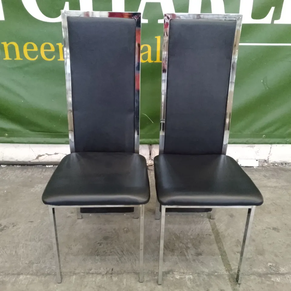 SET OF 2 NEW CELESTE BLACK LEATHER AND CHROME DINING CHAIRS 