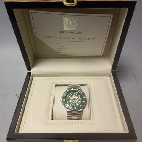 MENS DESCHAMPS & CO AUTOMATIC GREEN SKELETON DIAL W/R 3ATM STAINLESS STEEL WATCH