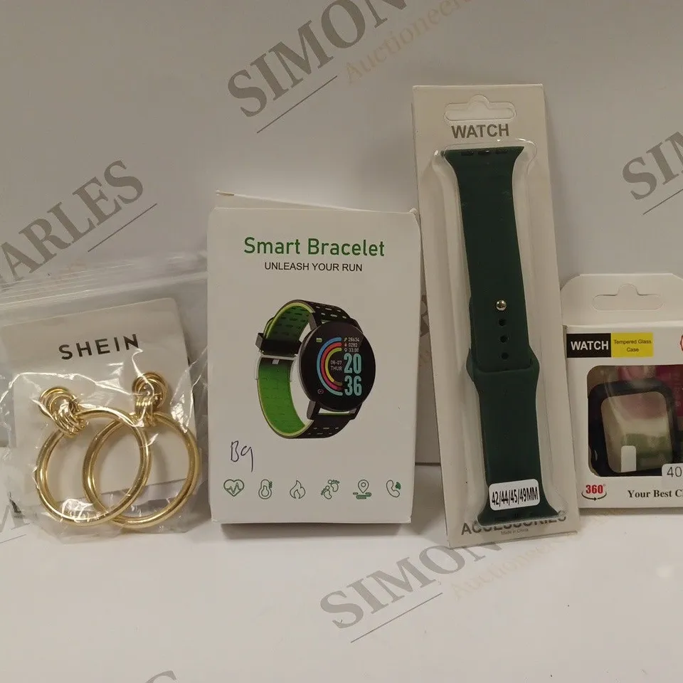 BOX OF APPROX 20 ASSORTED ITEMS TO INCLUDE A PROTECTIVE WATCH CASE, SHEIN EARRINGS, WATCH STRAP, ETC. 