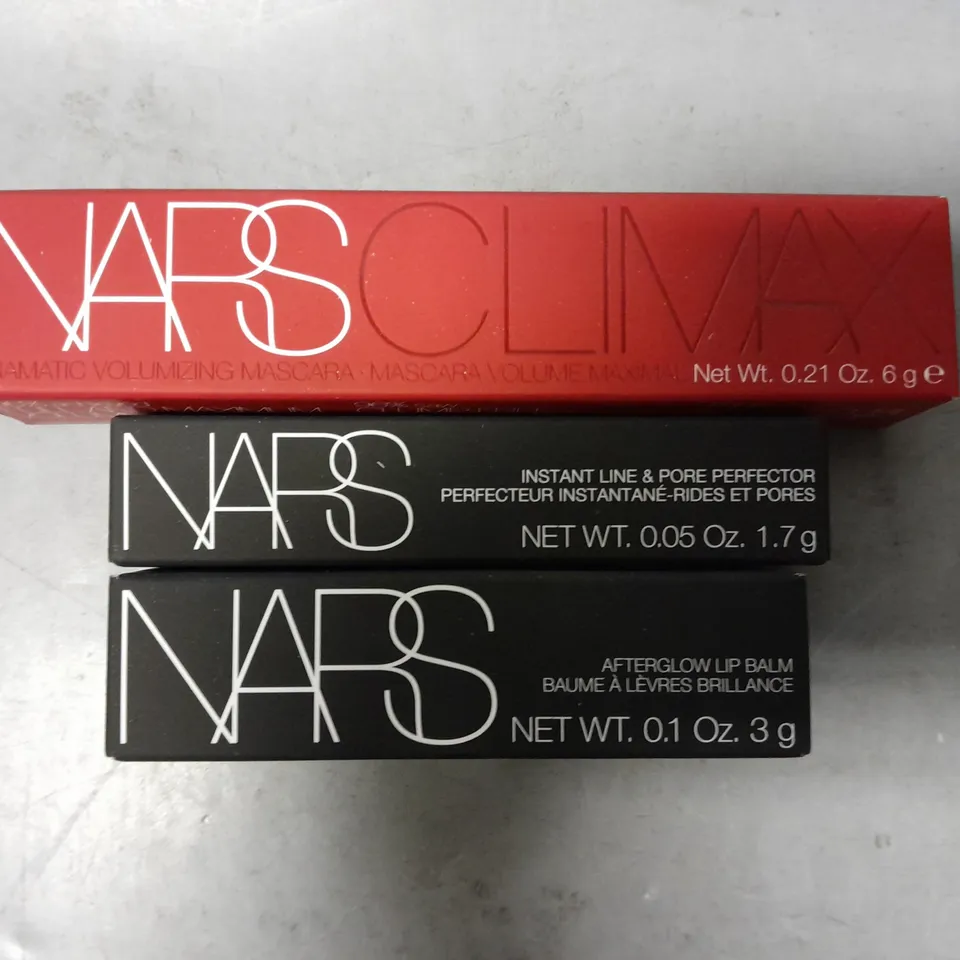 3 NARS PRODUCTS TO INCLUDE CLIMAX MASCARA #BLACK, PORE PERFECTOR & LIP BALM #LAGUANA 