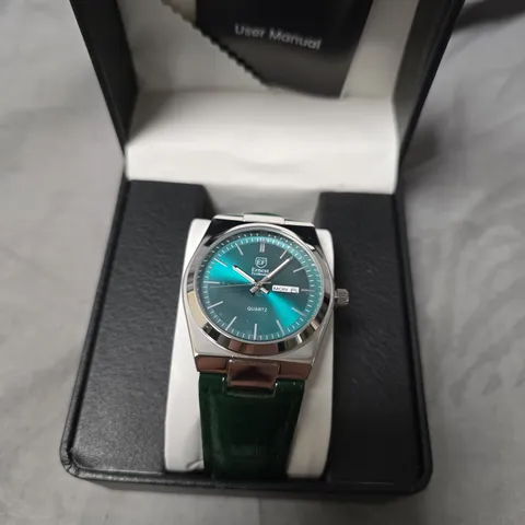 MENS ERNEST FERDINAND WATCH – GREEN DAY DATE CALENDAR DIAL – GREEN LEATHER STRAP – 3ATM WATER RESISTANT - GIFT BOX – EST £250