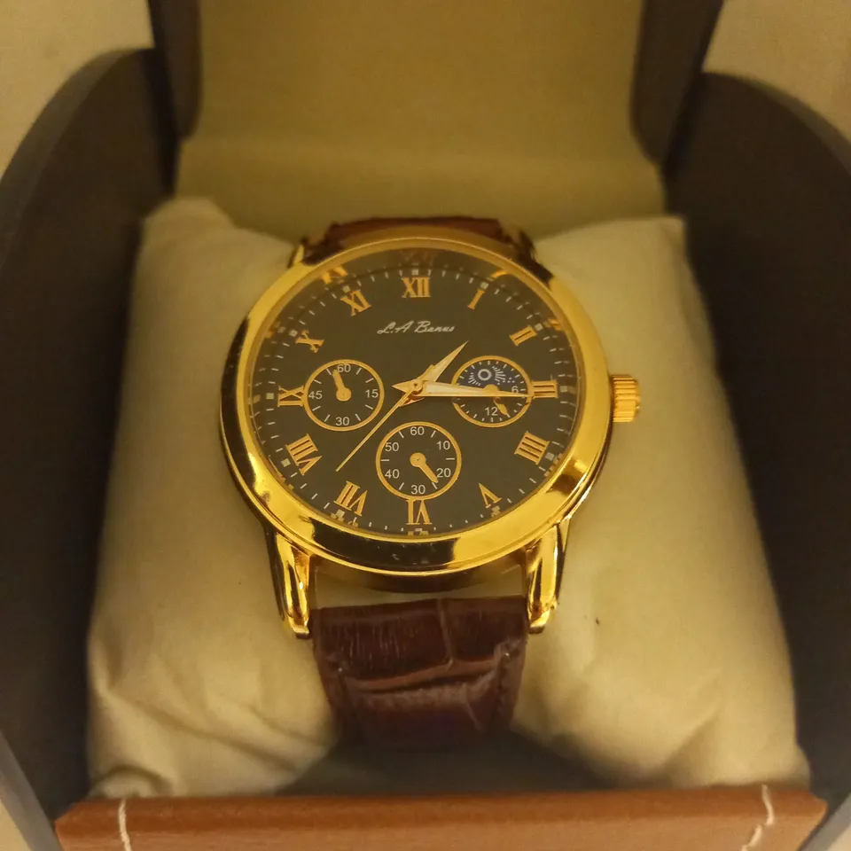 MENS LA BANUS WATCH – GOLD COLOUR CASE – LEATHER STRAP – GIFT BOX