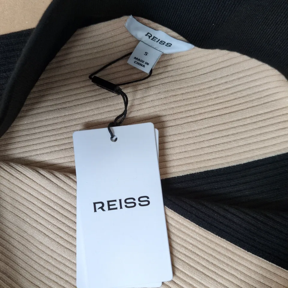 REISS JESS KNITTED COLOURBLOCK ASYMMETRIC MIDI SKIRT – BLACK & BEIGE, SIZE S