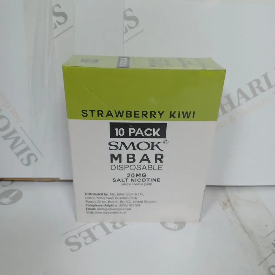 BOX OF APPROXIMATELY 10 BOXES OF STRAWBERRY KIWI 10 PACK SMOK M BAR DISPOSABLE 20MG SALT NICOTINE