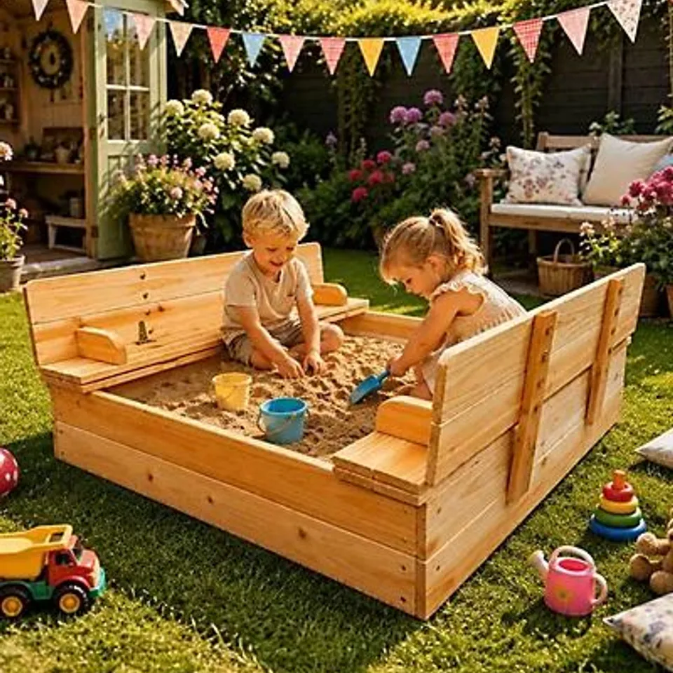 BOXED NEO OUTDOOR WOODEN KIDS SANDBOX SANDPIT FOLDING BENCH LID (1 BOX)