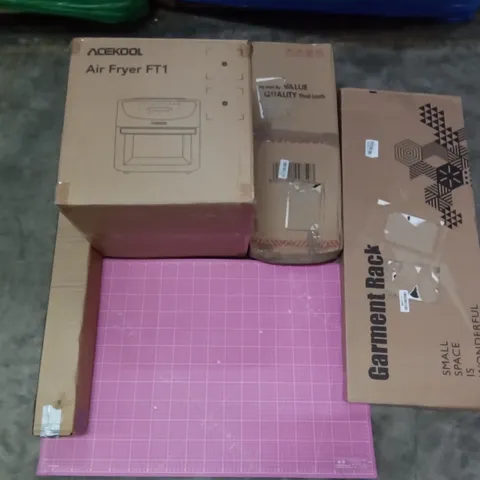 PALLET OF ASSORTED ITEMS INCLUDING PINK/PURPLE DOUBLE SIDED CUTTING MAT, ACEKOOL AIR FRYER, GARMENT RACK, GETFIT