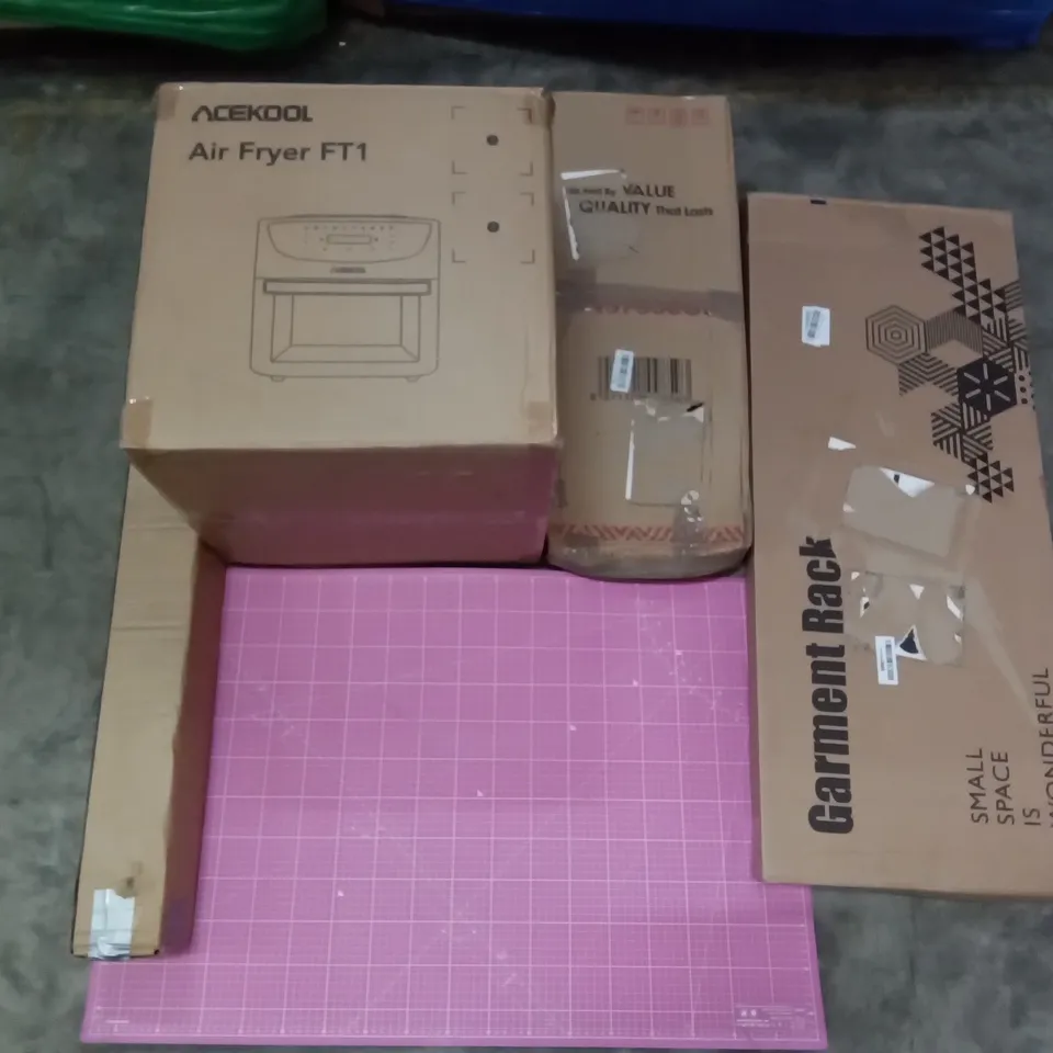 PALLET OF ASSORTED ITEMS INCLUDING PINK/PURPLE DOUBLE SIDED CUTTING MAT, ACEKOOL AIR FRYER, GARMENT RACK, GETFIT 
