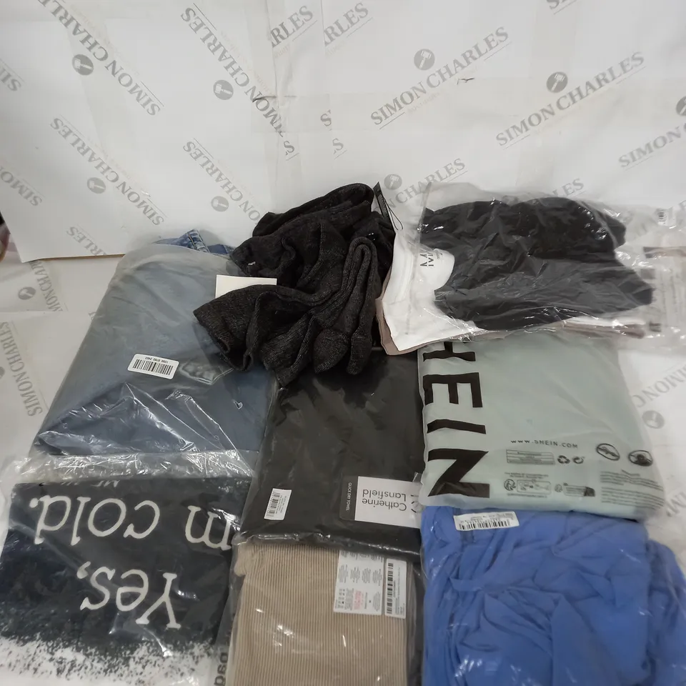 LARGE BOX OF ASSORTED CLOTHING ITEMS IN VARIOUS COLOURS AND SIZES INCLUDING TROUSERS , TOPS AND JUMPERS 