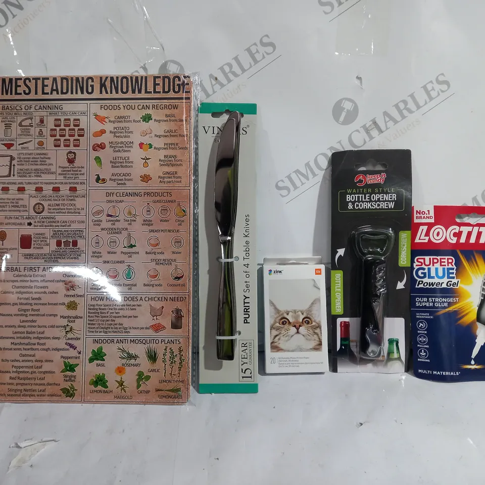 BOX OF APPROXIMATELY 10 ASSORTED ITEMS TO INCLUDE - BOTTLE OPENER & CORKSCREW - SET OF 4 KNIFES - SUPER GLUE ECT