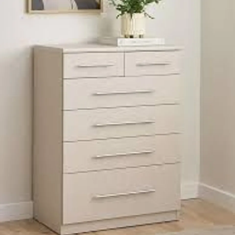 BOXED HOME ESSENTIALS - PRAGUE GRADUATED 4 + 2 DRAWER CHEST - OATMEAL (1 BOX)