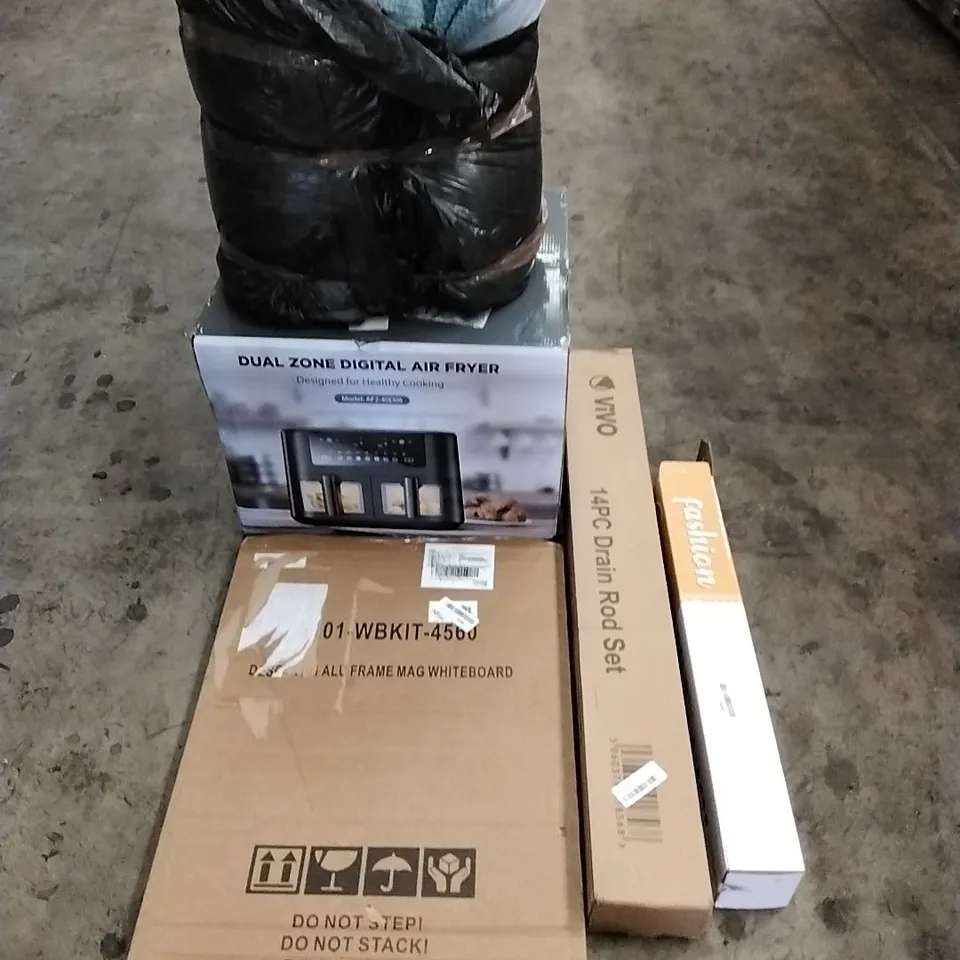 A PALLET OF VARIOUS ITEMS TO INCLUDE. AIR FRYER, WHITEBOARD, DOG BED, DRAIN ROD SET AND WINDOW BLINDS