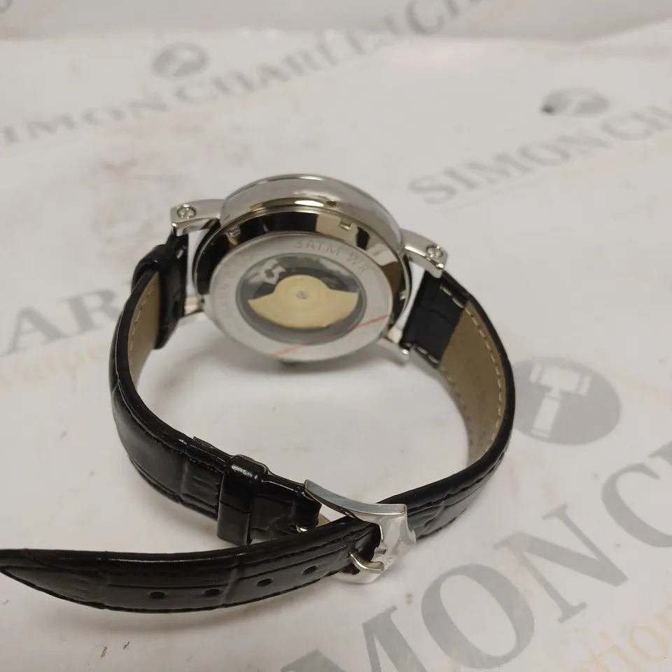 MENS ZIHLMANN & CO AUTOMATIC WATCH – Z150 – MOONPHASE DIAL – GLASS EXHIBITION BACKCASE - SILVER COLOUR CASE – BLACK LEATHER STRAP