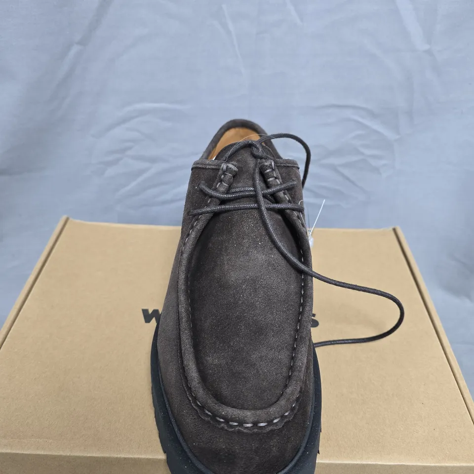 BOXED PAIR OF WHISTLES SUEDE CHUNKY LACE-UP SHOE – CHOCOLATE, UK 7