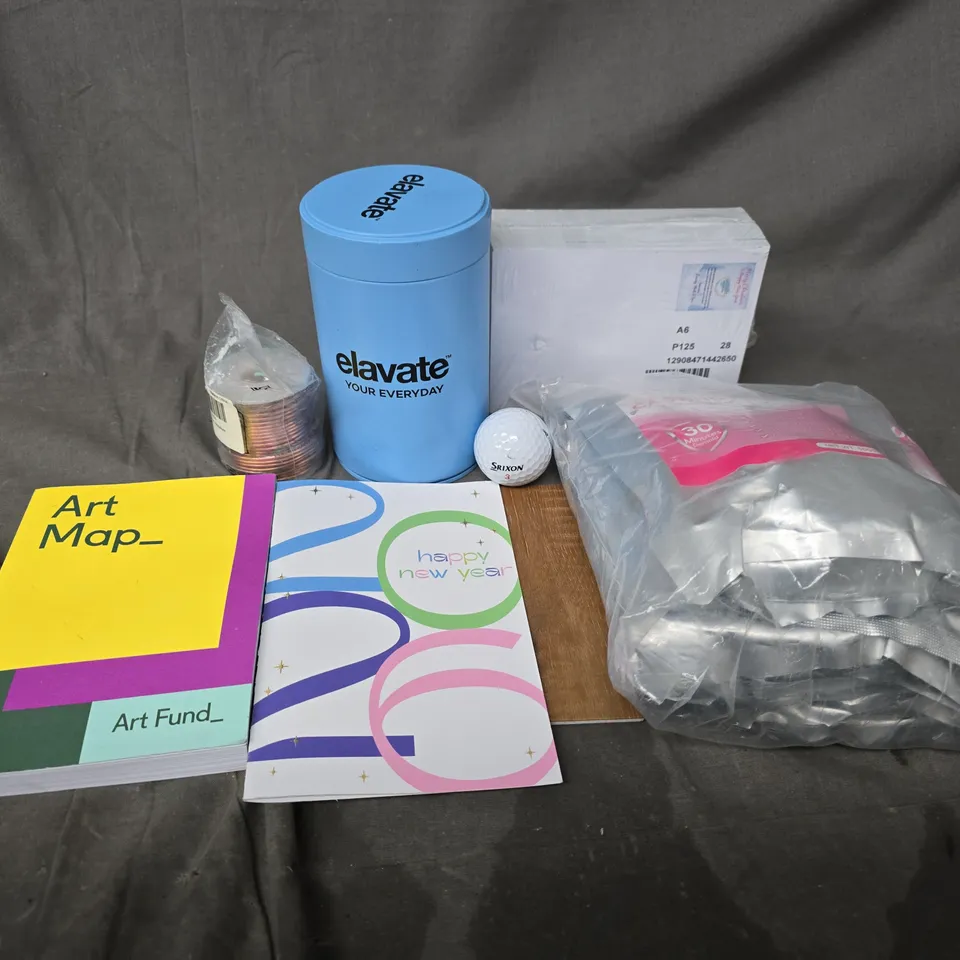 APPROXIMATELY 8 ASSORTED HOUSEHOLD ITEMS TO INCLUDE ART MAP, SRIXION GOLF BALL, CASTING POWDER, ETC