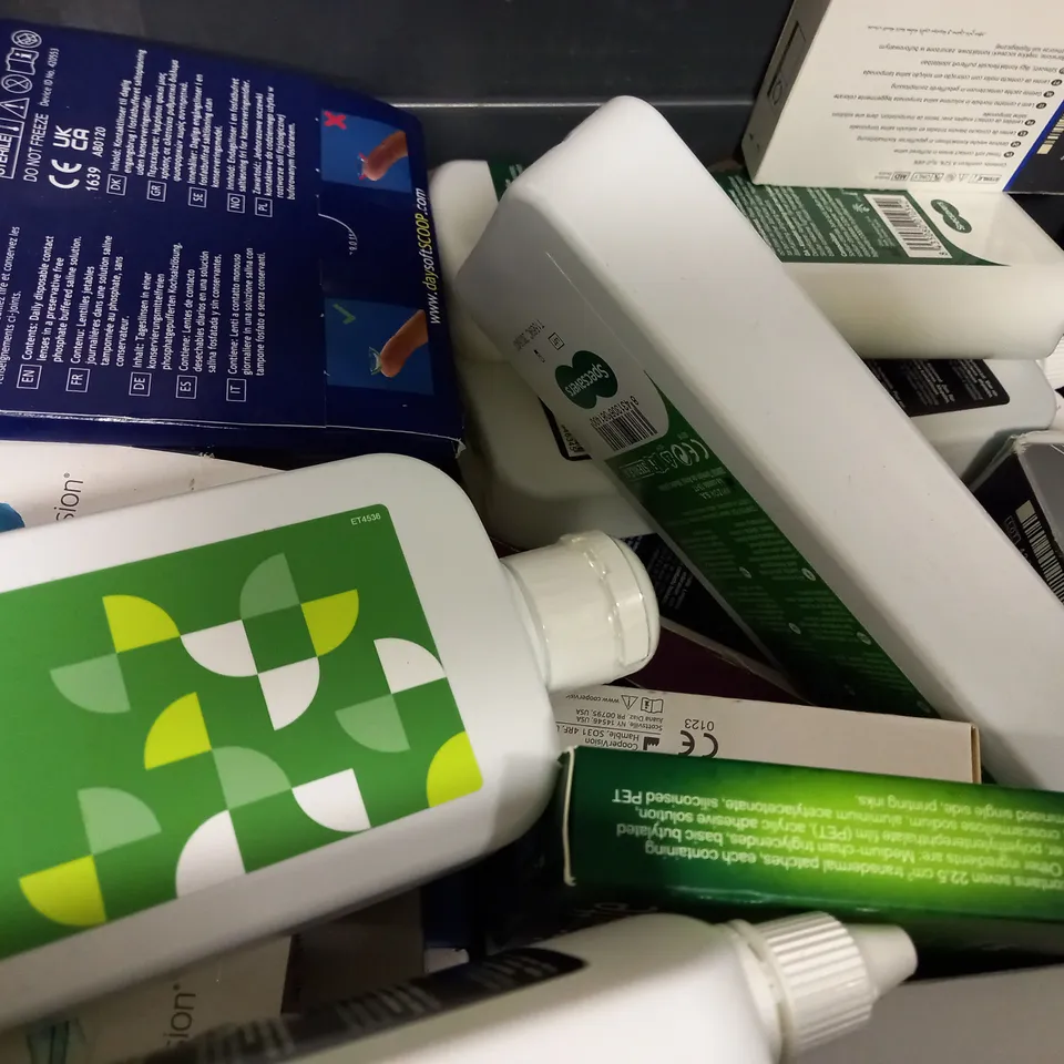 BOX OF APPROX 25 ASSORTED CONTACT LENSES AND CONTACT LENSE SOLUTIONS