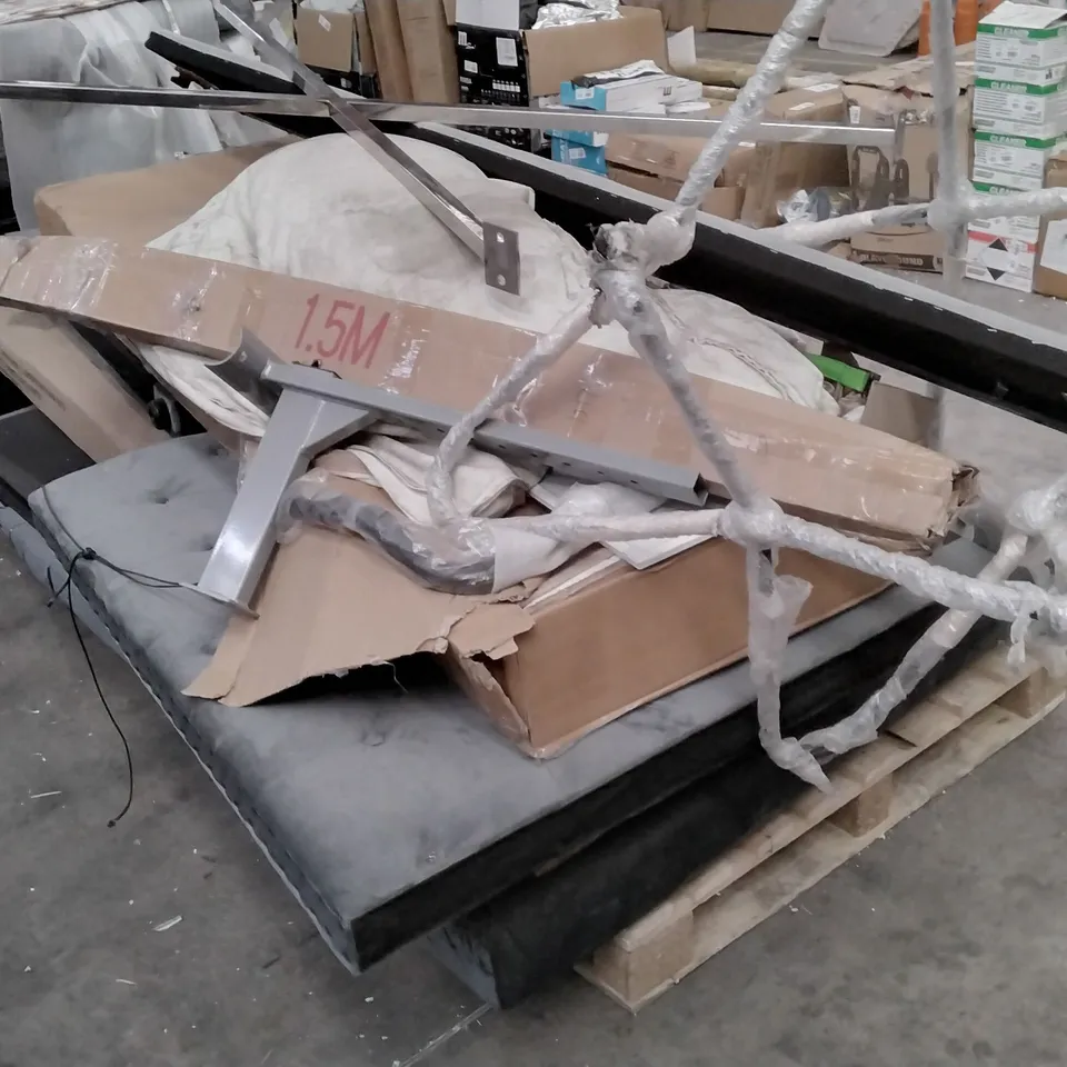 PALLET OF ASSORTED FURNITURE PARTS INCLUDING VELVET HEADBOARDS, SIDEBOARDS, BUNK BED PARTS 