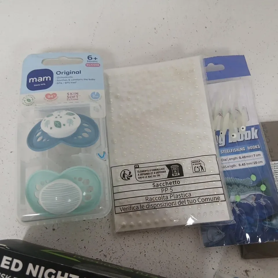LIGHTING & HARDWARE LOT: LED NIGHT LIGHT 2-PACK, DRAIN GEL PIPE UNCLOGGER, SCREWS & ACCESSORIES, BABY PACIFIER