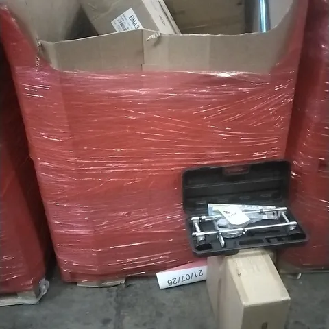 PALLET OF ASSORTED HOUSEHOLD GOODS AND PRODUCTS TO INCLUDE; CEILING FAN WITH LIGHT, DOOR MORTISE LOCK JIG, BOXED FURNITURE ETC