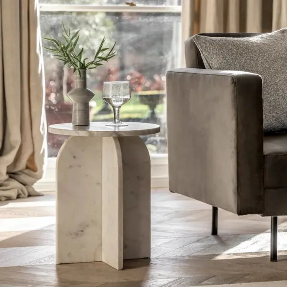BOXED AMALFI MARBLE SIDE TABLE - WHITE (1 BOX)