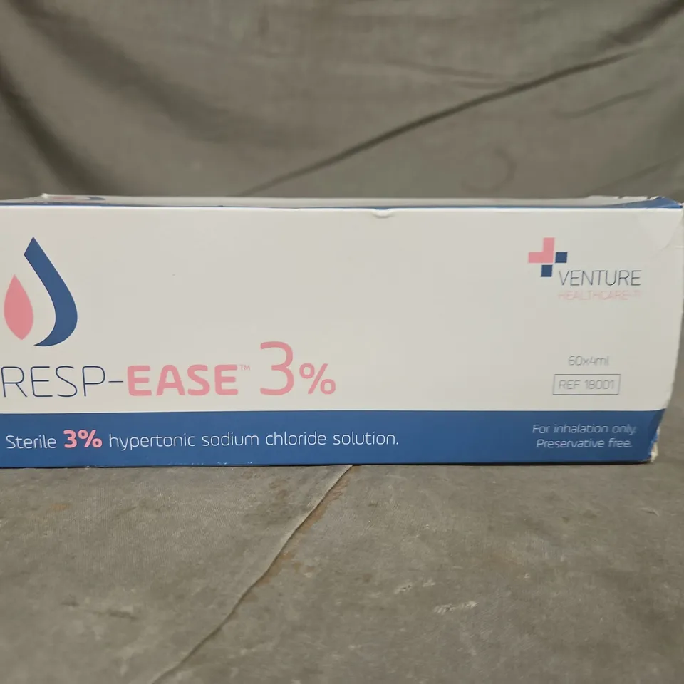 TOTE OF APPROXIMATELY 15 RESP-EASE 3% HYPERTONIC SODIUM CHLORIDE SOLUTION 60 X 4ML PER BOX