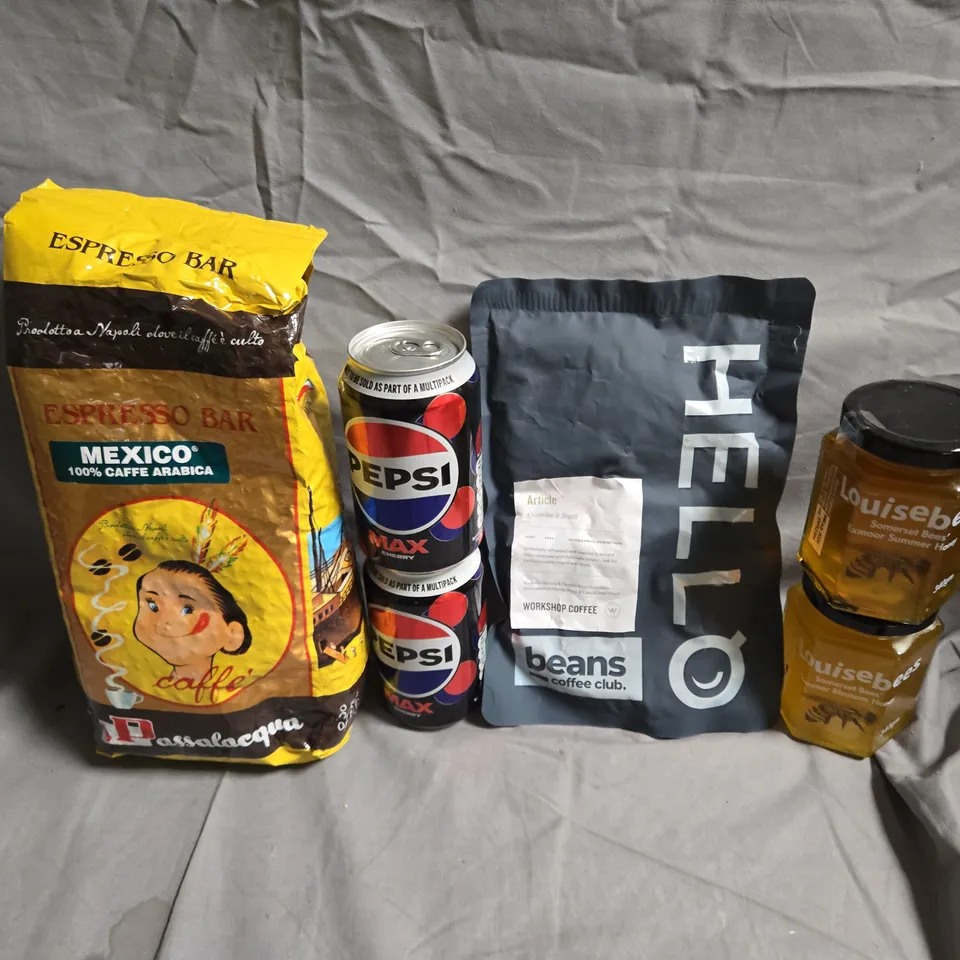 APPROXIMATELY 5 ASSORTED FOOD &DRINK ITEMS TO INCLUDE PEPSI MAX, ARS OF HONEY AND COFFEE BEANS  - COLLECTION ONLY
