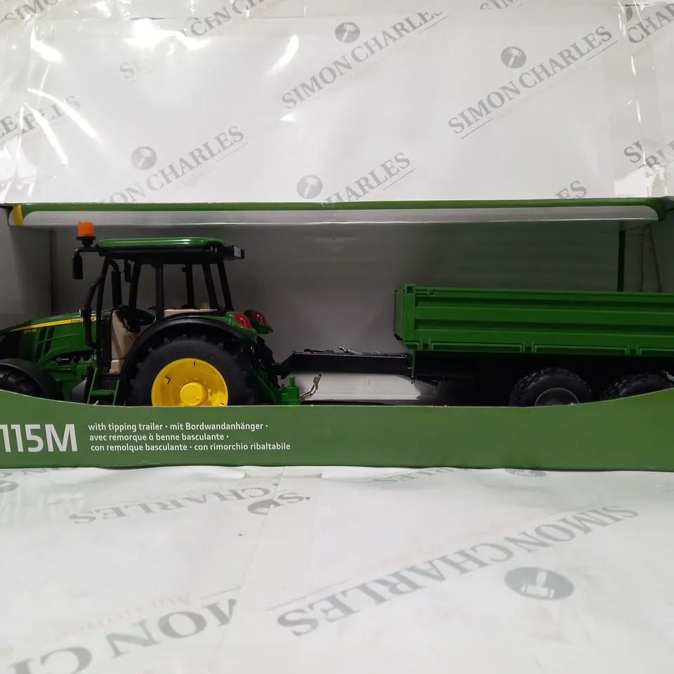 BRUDER JOHN DEERE 5115M TRACTOR W. TRAILER TOY IN GREEN