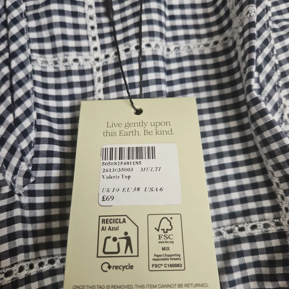 NOBODY'S CHILD VALERIE TOP – GINGHAM CHECK, UK 10 (EU 38, USA 6)  TOP