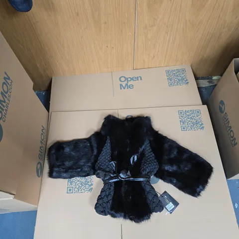 VERSACE 1969 ITALIA GIACCA CHIMONO – BLACK FAUX FUR KIMONO-STYLE JACKET, SIZE S/M