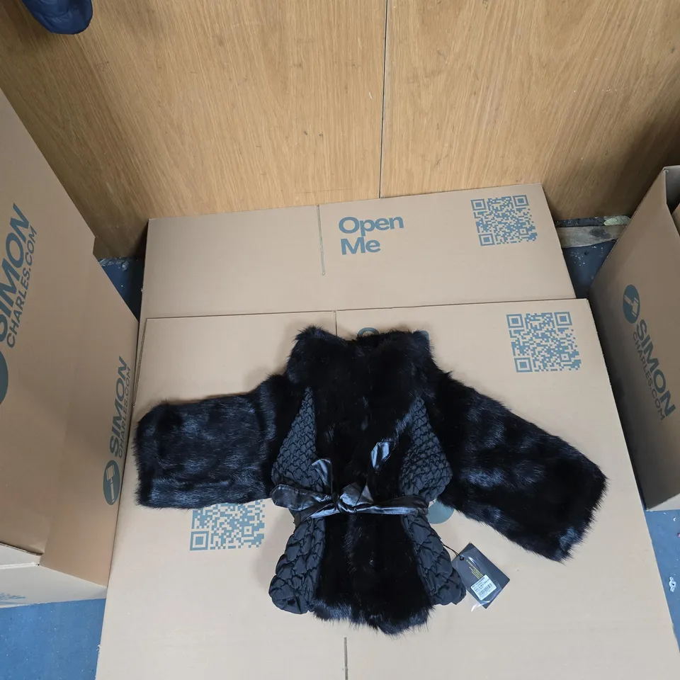 VERSACE 1969 ITALIA GIACCA CHIMONO – BLACK FAUX FUR KIMONO-STYLE JACKET, SIZE S/M