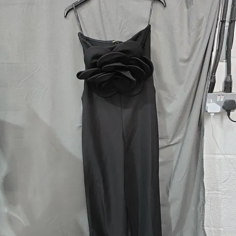 CLUB L LONDON BLACK JUMPSUIT WITH LARGE FLORAL WAIST – UK 8