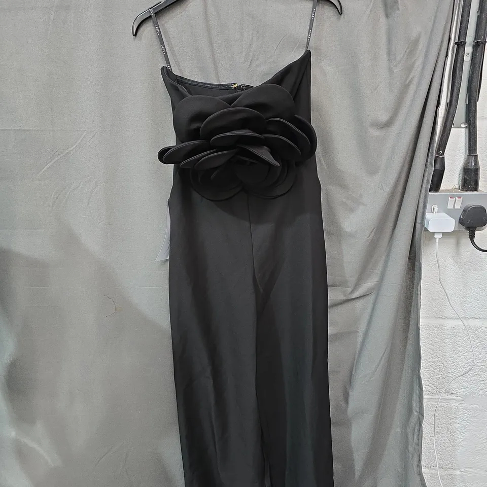 CLUB L LONDON BLACK JUMPSUIT WITH LARGE FLORAL WAIST – UK 8