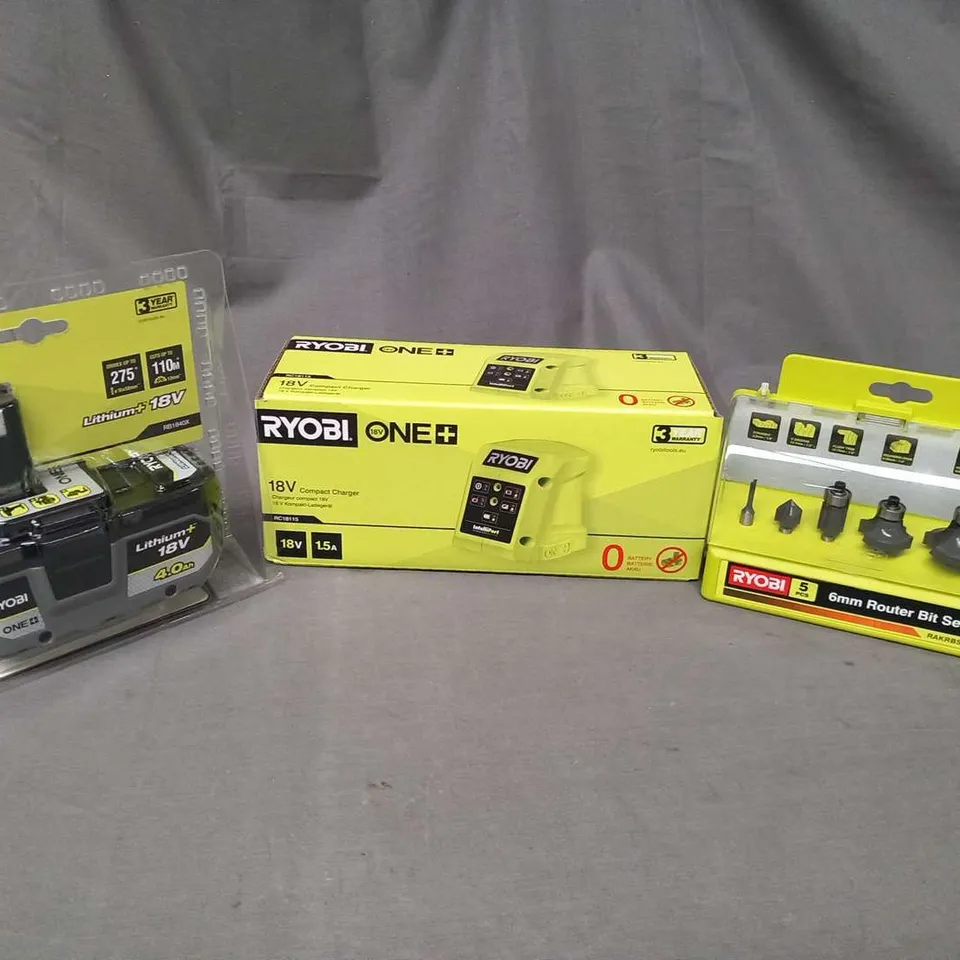 THREE ASSORTED RYOBI PRODUCTS TO INCLUDE; LITHIUM 18V BATTERY, COMPACT CHARGER AND 6MM ROUTER BIT SET