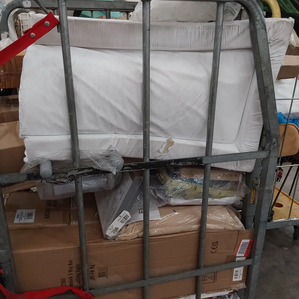 CAGE OF ASSORTED HOUSEHOLD ITEMS, INCLUDING, ARTIFICIAL PLANT, BED FRAME PARTS, LED AQUARIUM LIGHT, 3 TIER SHELF, ELECTRIC BLANKET.