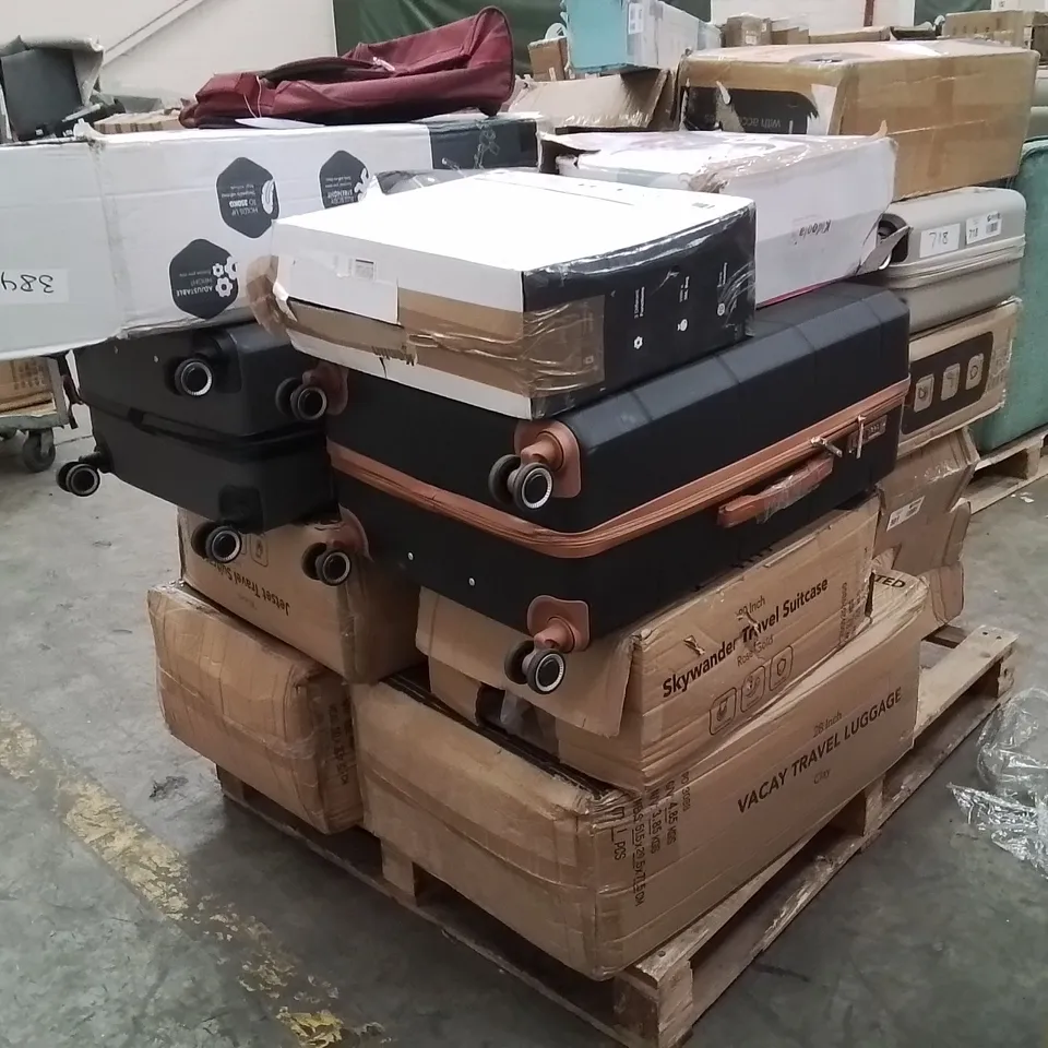 PALLET OF SUITCASES AND OTHER HOUSEHOLD GOODS TO INCLUDE;GYM BENCH,LEAF BLOWER,RETRACTABLE SAFETY GATE