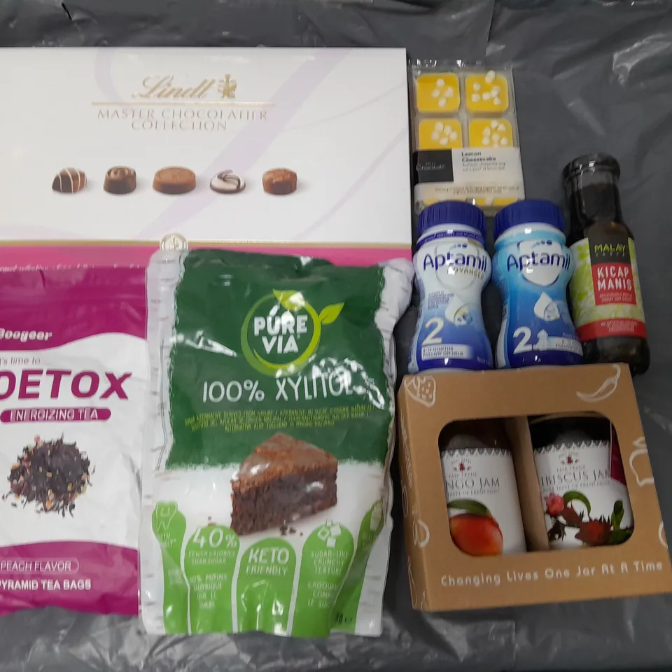LOT OF ASSORTED FOOD ITEMS TO INCLUDE LINDT CHOCOLATES, XYLITOL, INFANT MILK AND JAMS