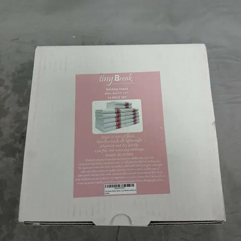 TINY BREAK KITCHEN TOWEL 12-PIECE SET – WHITE WITH RED STRIPE, 16 BOXES IN QUANTITY