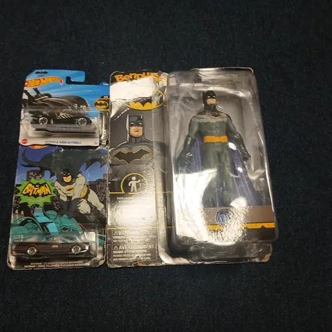 THREE ASSORTED BATMAN COLLECTABLES TO INCLUDE; HOT WHEELS BATMAN & ROBIN BATMOBILE – DC COMICS DIE-CAST CAR WITH BATMAN FIGURE, LIMITED EDITION 2/250